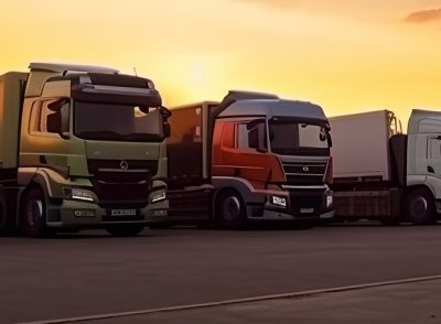 many transport trucks parked at a service station at sunset.